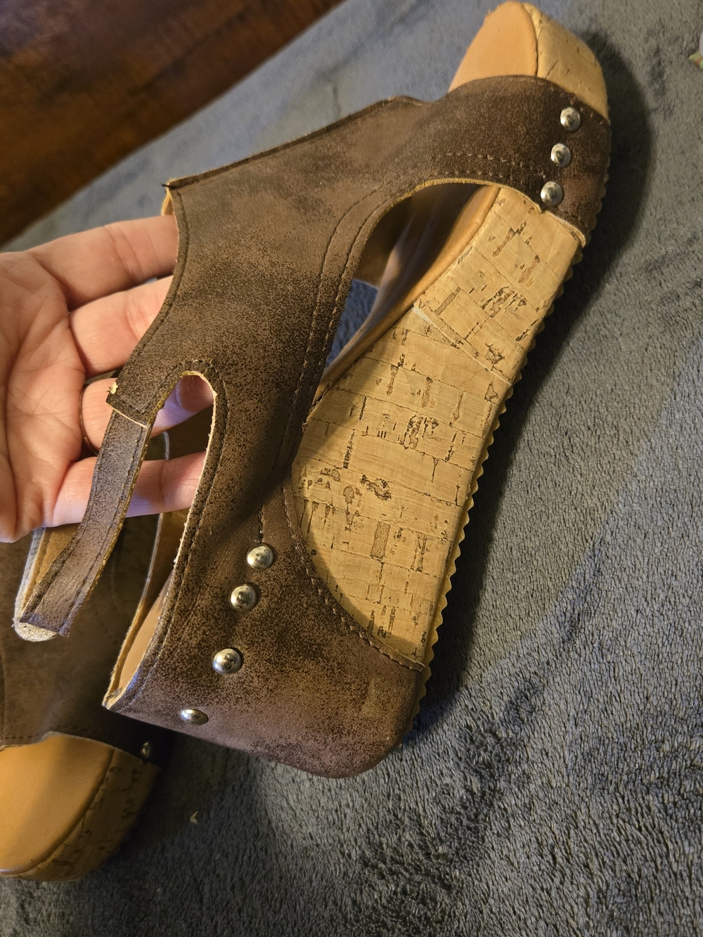 Women’s Brown Suede Cork Wedge Mules with Stud Accents
